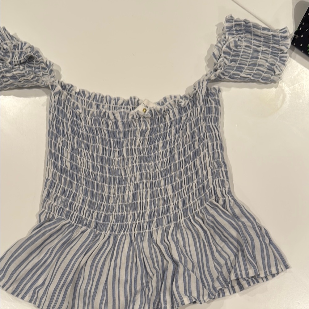 By Together Blue and White Ruffled Peplum Blouse